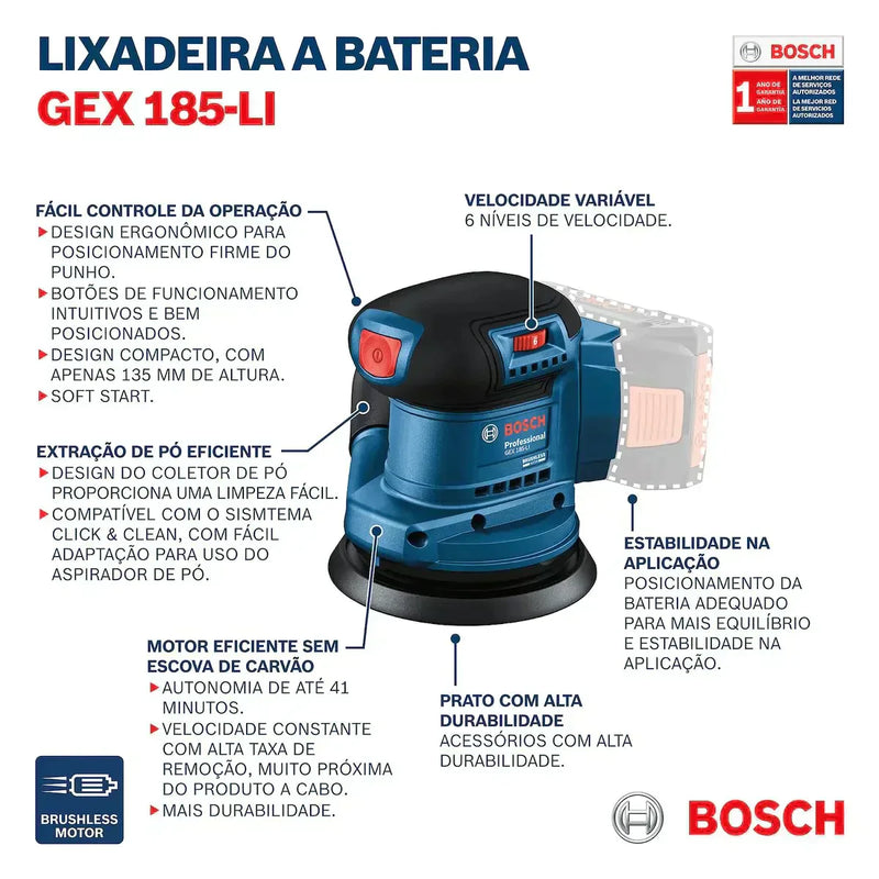 Lixadeira roto orbital à Bateria Bosch GEX 185-LI, BRUSHLESS, 18V SB