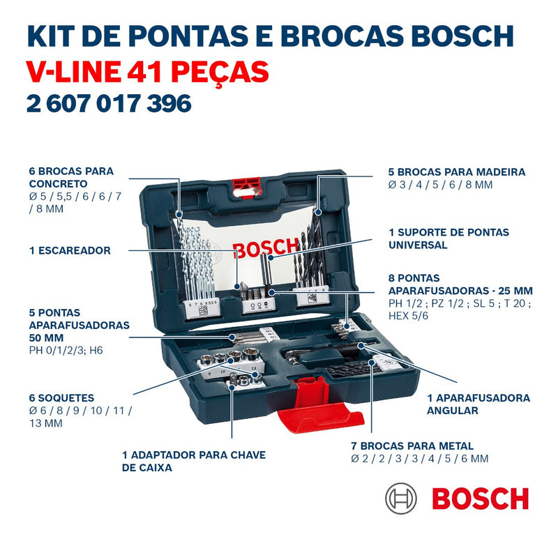 Kit Jogo De Brocas E Bits Bosch V-line 41 Peças Com Maleta