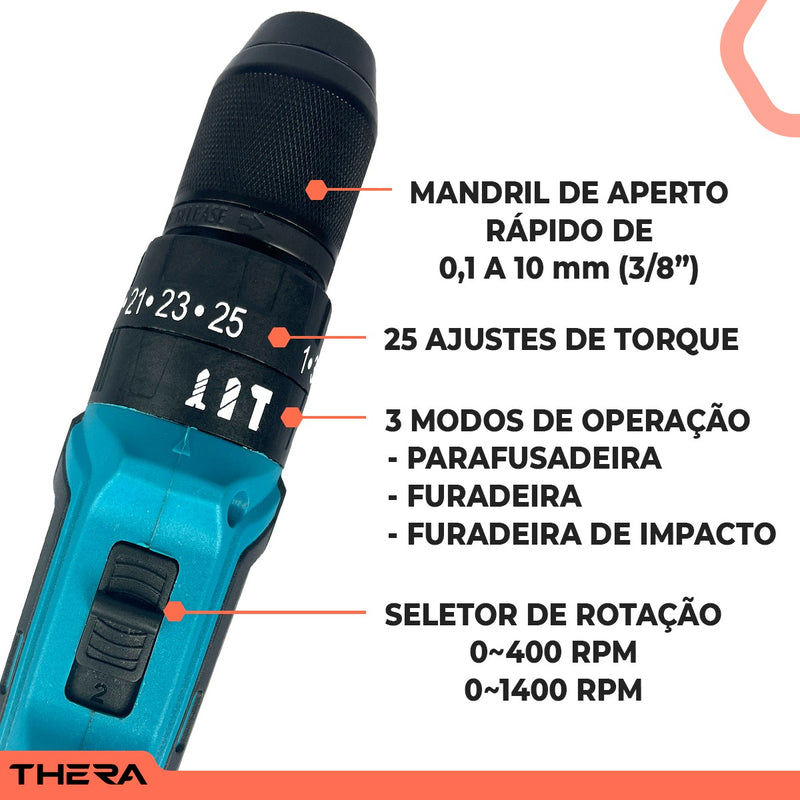 Parafusadeira Furadeira Sem Fio Bivolt 10mm 21v Maleta Kit